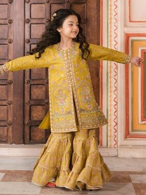Girls Mustard Embroidered girls dress brand Ethnc size 9/10
